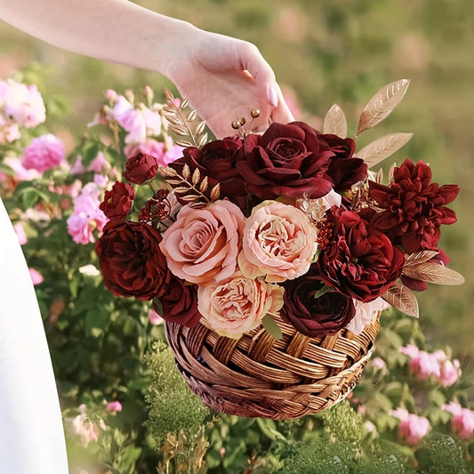 Wine red rose artificial flower combination box, bridal bouquet, outdoor/indoor DIY decoration, holiday decoration flowers